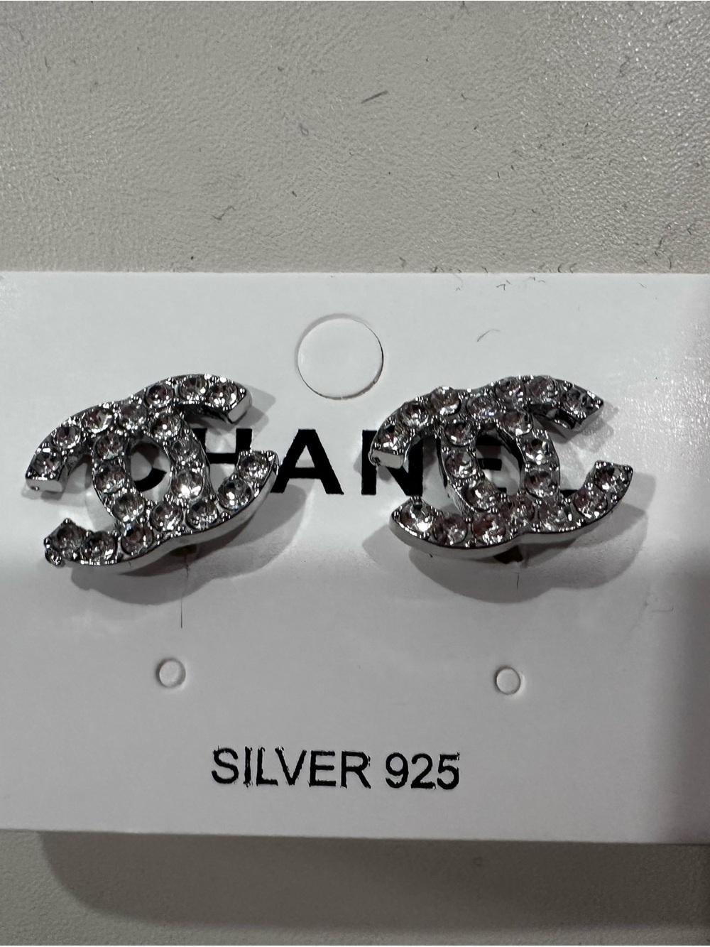 CHANEL Silver Crystal CC Logo Stud Earrings
